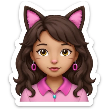 Adjust the character's skin tone to a medium Hispanic tone. Keep her long, dark, wavy hair, cat ears without a headband, and a cute pink or silver collar. Maintain the apple emoji style with a transparent background. sticker