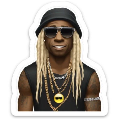 Lil Wayne:

A laid-back icon with oversized shades, layered chains, tattoos, diamond grill, and long blond dreads under a backward cap. Cool, confident, and effortlessly stylish. sticker