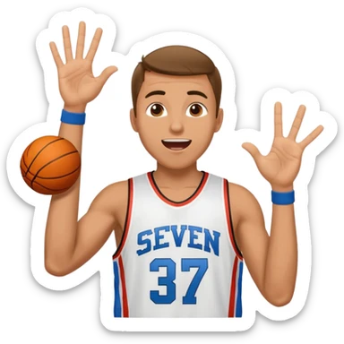 Maverick Trevillian in the crowd at an amateur basketball game. He leans towards the camera and enthusiastically shouts "six seven while performing a distinctive hand gesture: both hands open, palms facing upward, moving up and down as if weighing two options. sticker