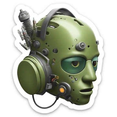 Olive green mohawk cyborg head with respirator mask and circuits sticker