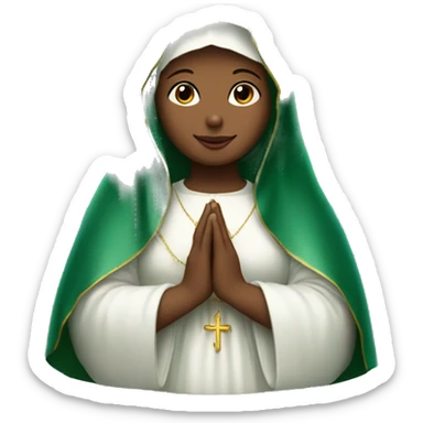 Certainly! Here’s a shorter description:  ---  **Virgin Mary:** Serene and kind face. Wearing an emerald green  robe and white veil. Hands in prayer or blessing. Halo around her head. Often standing on a crescent moon.  sticker