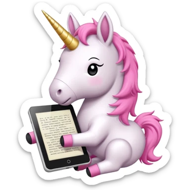 Emoji WhatsApp di un unicorno di peluche bianco con corno rosa, cuffie nere e e-reader. Stile vettoriale pulito, forme arrotondate, colori morbidi, espressione dolce, sfondo trasparente. sticker