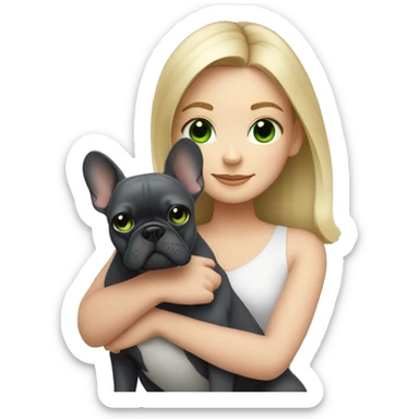 A blonde girl with green eyes with a square hugs a dark gray French bulldog sticker