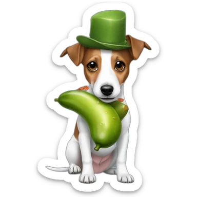 jack russell with a pickle hat sticker