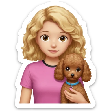 hazme un emoji que sea una niña rubi con el pelo ondulado i una camiseta rosa que ponga brownie, i acariciando a un perro (caniche toy) si pero con el pelo mas largo i no tan rubia el pelo marron i no rubia sticker