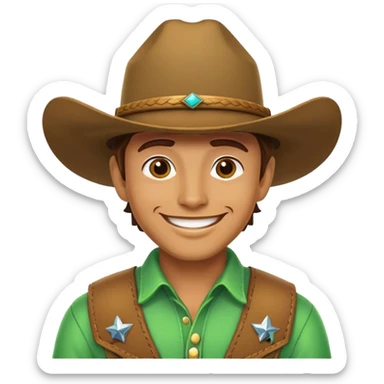 Cowboy with a bright green cowboy hat, smiling face sticker