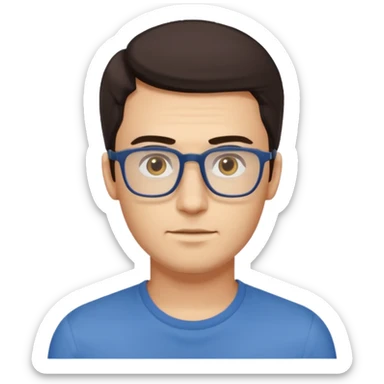 a young man around 30 years old, dark brown eyes, with dark brown hair, longer rectangular face, longer jaw, light yellow skin color, small eyes with rectangle shape glasses, without beard, no forehead wrinkles, wear deep blue shirt sticker