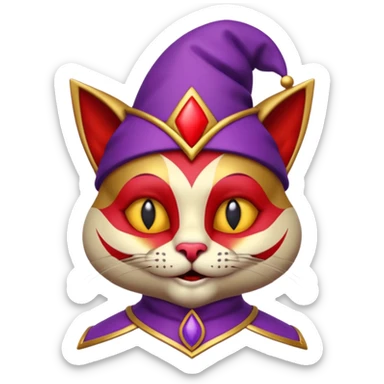 crazy colorful cute little cat jolly joker from poker, medieval, vintage, court jester, mac os icon, purple, gold and red color, half body. Squared shape as 3D mac os icon, symmetrical sticker