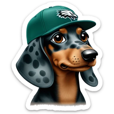 Miniature Blue and Tan Dapple Light Brown Spotted Dachshund wearing Philadelphia Eagles Hat with C on it sticker