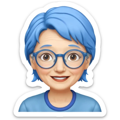 old lady with blue hair, wearing glasses, slight curl sticker