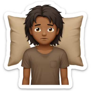generate a pretty bratz brown skinned boy with black messy long hair wearing a brown tshirt in bed. Looking sleepy sticker