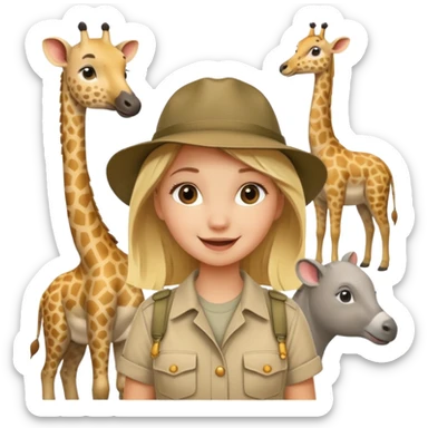 zoo with animals and a happy blonde girl on safari in the middle  sticker