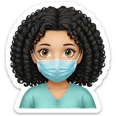 a pretty tan bratz girl with black curly hair. no makeup, looking sick, wearing a mask sticker