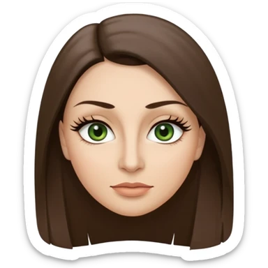 40 year old Adult woman avatar, light skin tone, oval face, long straight ashy brown hair, green almond-shaped eyes with dramatic eyelashes and minimal eyeliner, neutral mouth, medium straight eyebrows, small nose, smooth skin sticker