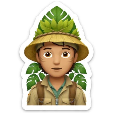 a young man explorer with jungle wearing a large leaf headgear bye  sticker