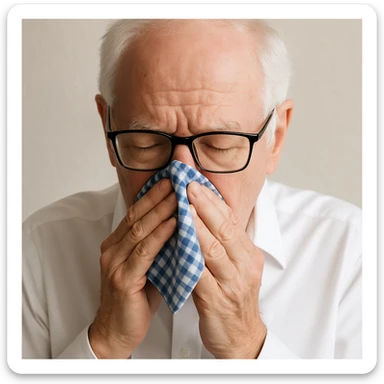 Make the handkerchief a little bit smaller while keeping the old man with white hair, white skin, black-framed glasses, wearing a white shirt, blowing his nose on the blue and white checkered handkerchief sticker