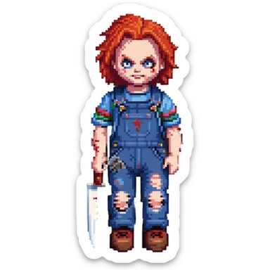 Chucky doll from Child's Play horror movie with red hair, scarred face, blue overalls and a knife sticker