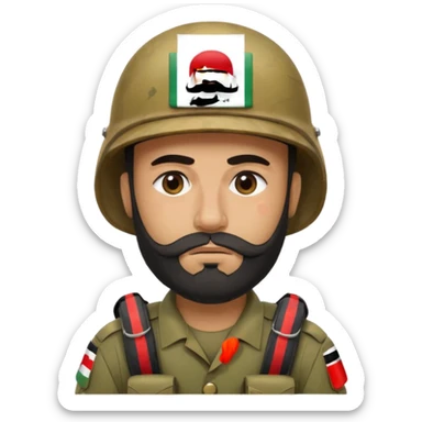 A tired and sad, swarthy Iraqi soldier with a beard, an Iraqi flag on his helmet, a sad expression and bags under his eyes sticker
