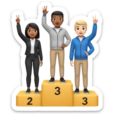winners podium with three people, black and white, center step higher, no numbers, all in relaxed fun clothes, center person raising one finger on each hand, cheerful expressive emoji style sticker