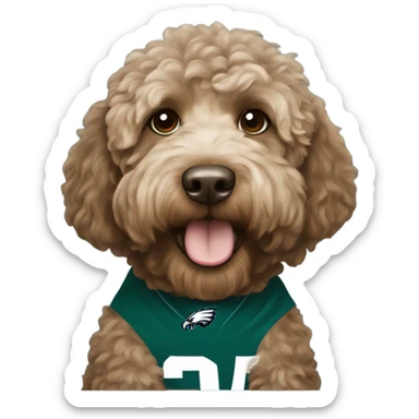 brownish Labradoodle wearing a Philadelphia eagles shirt sticker