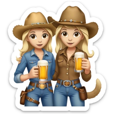 Farmer monkey holding a beer standing next to a blonde girl in cowgirl hat sticker