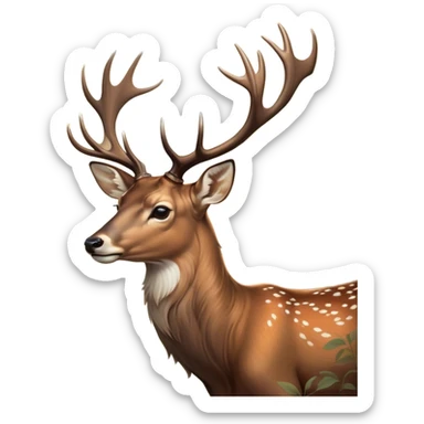 Cinematic Noble Deer Portrait Emoji, Poised and regal, with a graceful, slender build and a dappled coat of warm browns and creams, elegant antlers crowning its head, deep-set soulful gentle eyes, Simplified yet sharp and sophisticated features, highly detailed, glowing with a soft, dignified glow, high shine, intelligent and serene, stylized with an air of forest majesty, focused and attentive, soft glowing outline, capturing the essence of a watchful woodland guardian, so majestic it feels as though it could gracefully leap out of the screen with effortless authority! sticker