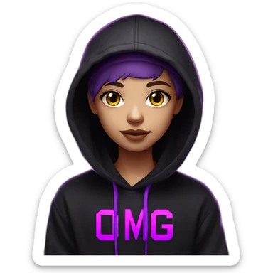 light-skin student in the black hoody with violet letters "OMG VR" on it wearing vr headset. Cyberpunk style. Violet neon. sticker