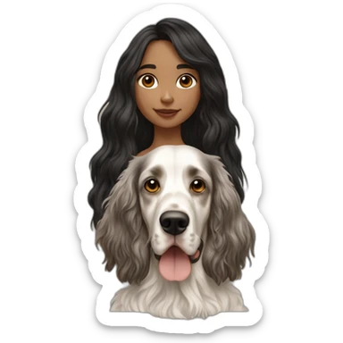 hyperrealist caucasian girl black long hair with brown english setter dog sticker