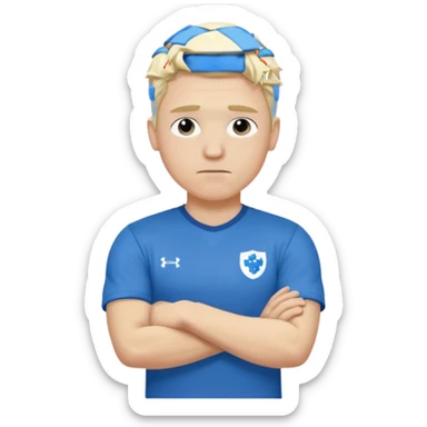 Pale blond man in blue football t shirt crossed arms trembling from cold sticker