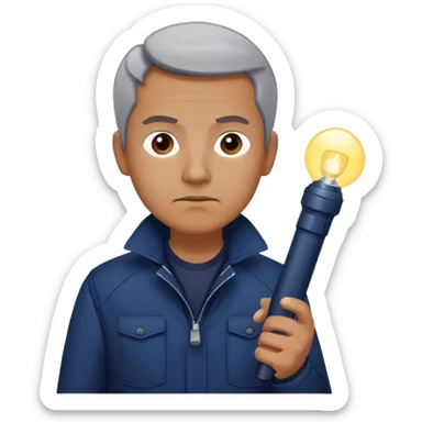 Security, Middle-aged, wearing navy blue jacket, serious facial expression, holding flashlight, full body sticker