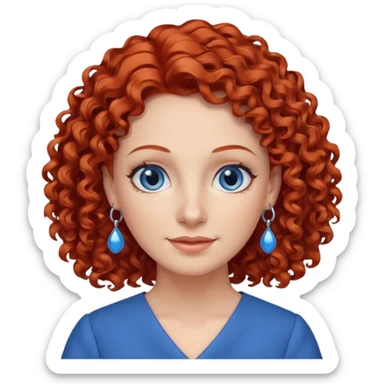 una profesora simpática con el pelo rojo rizado, ojos azules, vestido azul y pendientes azules sticker