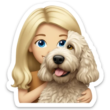 blonde girl with straight hair and blue eyes hugging an australian labradoodle sticker