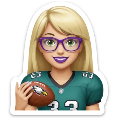 long blonde hair with straight bangs, wearing black rectangle glasses, female, green eyes football player wearing eagles uniform jersey number 33 holding football smiling purple lipstick sticker