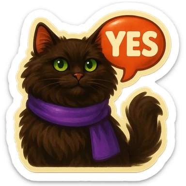 Fluffy dark-brown cat with green eyes and a purple scarf saying ‘YES’ (with a speech bubble) sticker