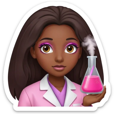 Black girl with long  hair is a scientist with pink lab coat and long eyelashes and has makeup on with short eyes sticker