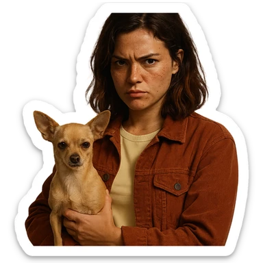 Netflix series style portrait of a woman with tanned skin, freckles, pale yellow shirt (#FFF8CA), rust-colored jacket, medium-length brown hair with auburn highlights, rebellious expression, holding a beige-brown chihuahua, transparent background sticker