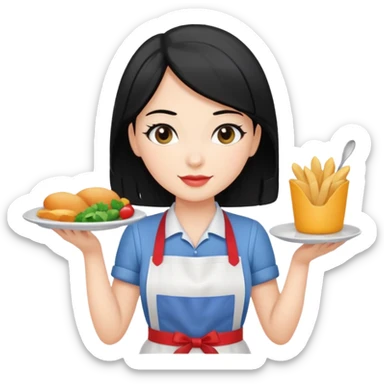 waitress with black hair and a food plate sticker
