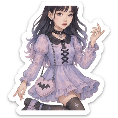 gothic K-pop girl, dreamy pastel goth style, soft colors with gothic details, whimsical pose, cute accessories sticker