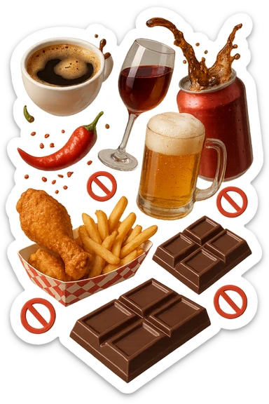 caffeina, alcolici, cibi piccanti, fritti, cioccolato e bevande gassate cadono dall'alto con piccoli divieti in 3d, iperrealistico 4k sticker