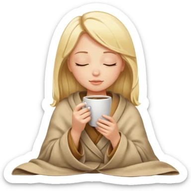 Blonde girl inside a blanket sipping coffee eyes closed sticker