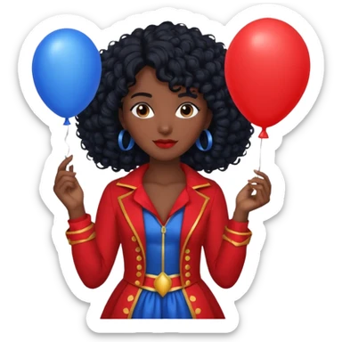 woman with curly black hair and dark face red costume, holding blue balloon sticker