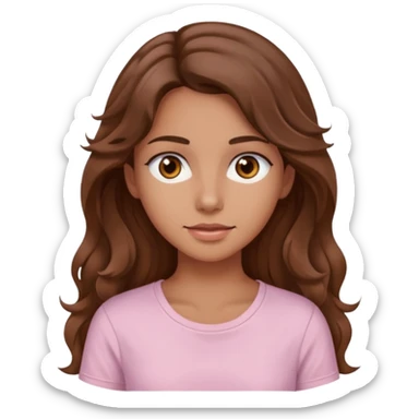 A pretty girl with tan skin and long brown wavy hair, wearing a very light pink basic shirt with brown eyes sticker