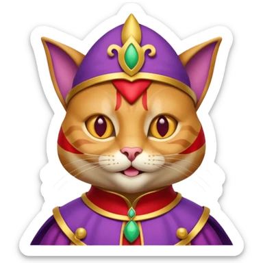 crazy colorful cute little cat jolly joker from poker, medieval, vintage, court jester, mac os icon, purple, gold and red color, half body. Squared shape as 3D mac os icon, symmetrical sticker