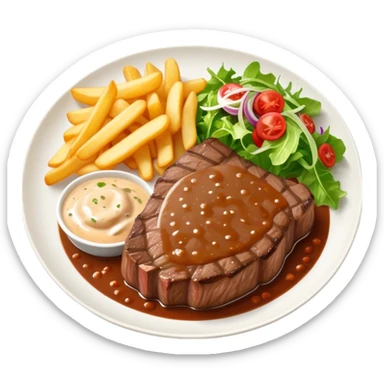 big juicy australian steak meal featuring chips, small salad in a ramiken and gravy  sticker