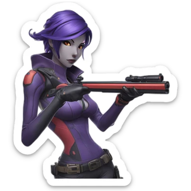 widowmaker from overwatch, shooting and scoping targets with a slingshot, drawn in the style of one piece manga sticker
