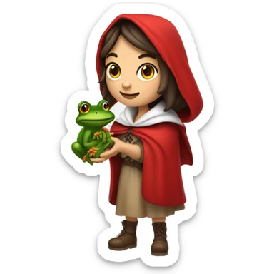 mature little red riding hood brunette with braids and hood on holding a frog in her hands sticker