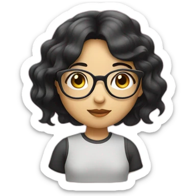 girl programmer with black wavy hair and big eyes and asian skin with rounded glasses sticker