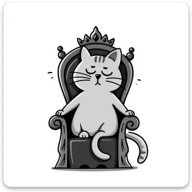A gray cat with a black nose sitting on a throne looking at the world with disgust sticker