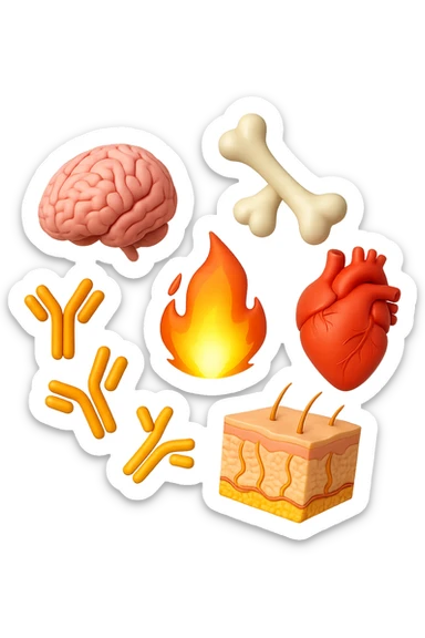 EMOJI STILE IPHONE 3D DI cervello, ossa, cuore, porzione di epidermide e cellule di anticorpi che girano in tondo, al centro di questi elementi c'è una fiamma 3d  FALLO MOLTO REALISTICO IN 3D sticker