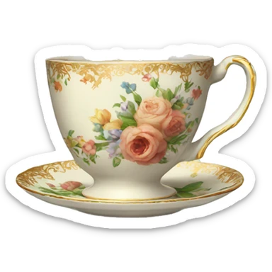 Tea in a vintage cup with flowers sticker